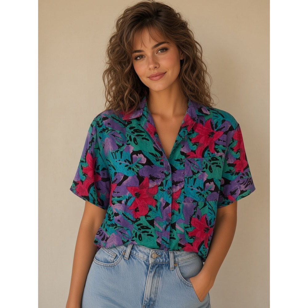 Karnold‎ Vintage 100% Silk Tropical Floral Button Down Shirt Boho Teal Purple S